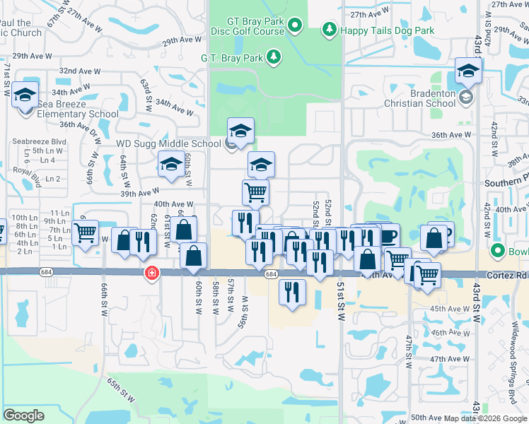 map of restaurants, bars, coffee shops, grocery stores, and more near 5570 Fishermans Drive in Bradenton