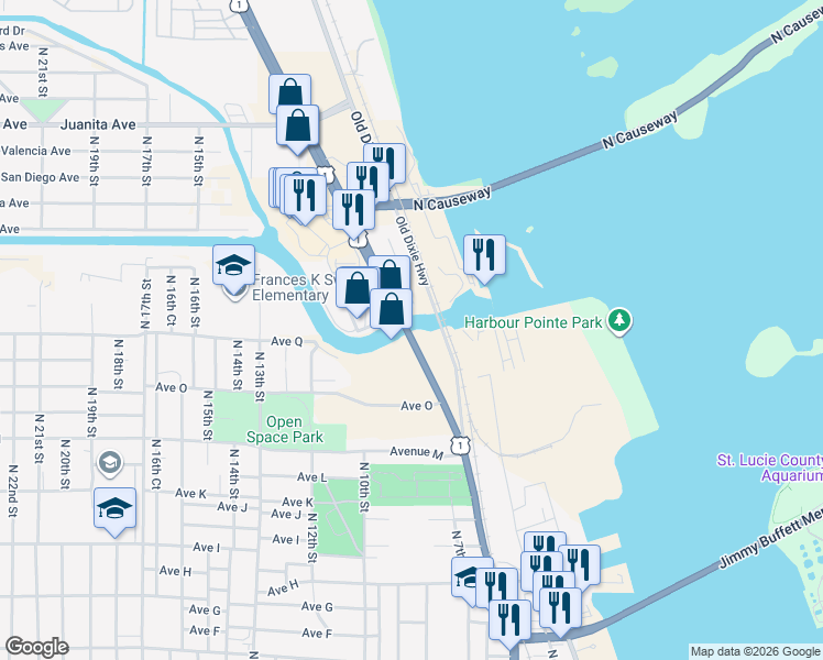 map of restaurants, bars, coffee shops, grocery stores, and more near 1908 Old Dixie Highway in Fort Pierce