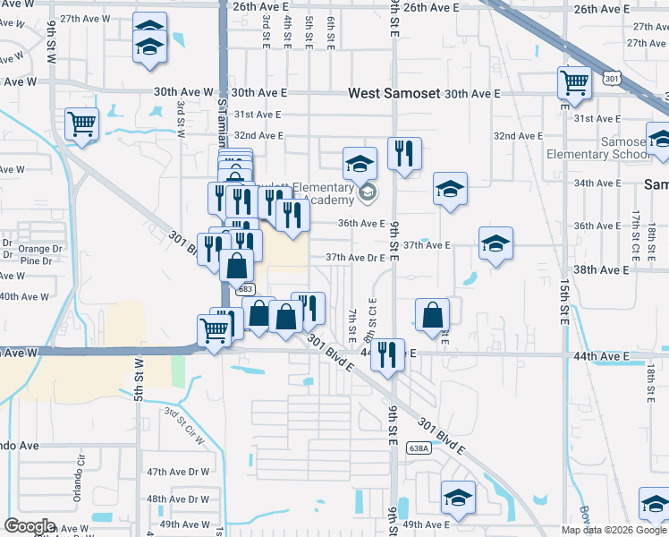 map of restaurants, bars, coffee shops, grocery stores, and more near 611 37th Avenue Drive East in Bradenton