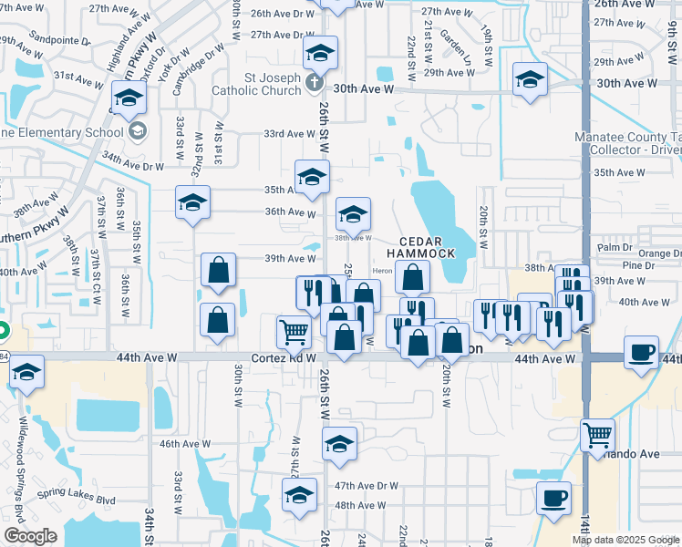 map of restaurants, bars, coffee shops, grocery stores, and more near 3904 25th Street West in Bradenton