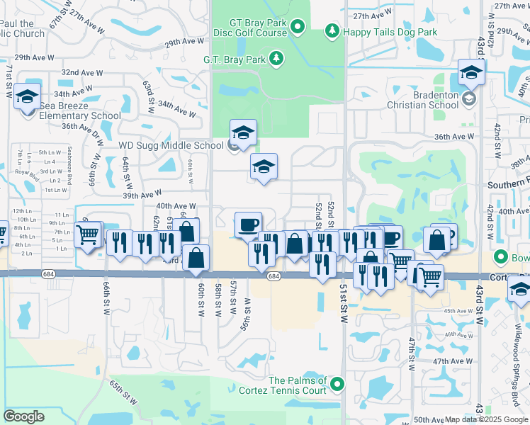 map of restaurants, bars, coffee shops, grocery stores, and more near 5573 Fishermans Drive in Bradenton