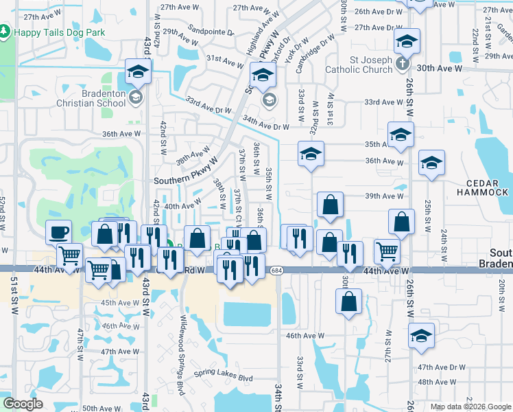 map of restaurants, bars, coffee shops, grocery stores, and more near 3612 40th Avenue West in Bradenton