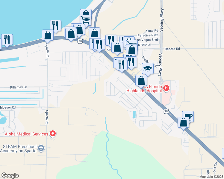 map of restaurants, bars, coffee shops, grocery stores, and more near 401-3117 Springtime Drive in Sebring