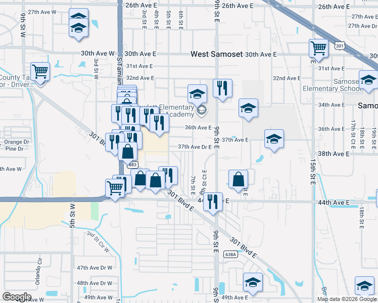 map of restaurants, bars, coffee shops, grocery stores, and more near 611 37th Avenue Drive East in Bradenton