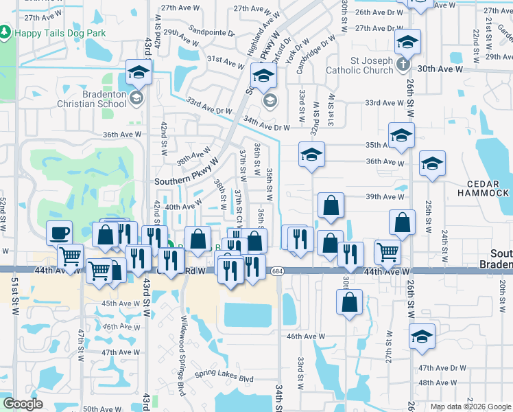 map of restaurants, bars, coffee shops, grocery stores, and more near 3612 40th Avenue West in Bradenton