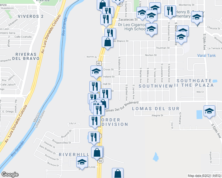 map of restaurants, bars, coffee shops, grocery stores, and more near 3401 South Urbahn Avenue in Laredo