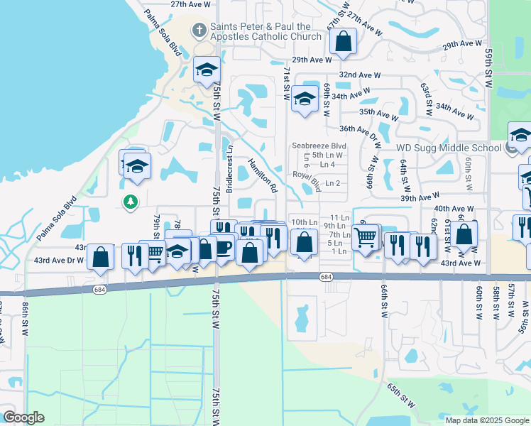 map of restaurants, bars, coffee shops, grocery stores, and more near 4022 Overture Circle in Bradenton