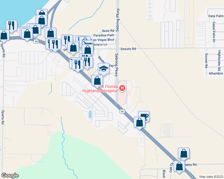 map of restaurants, bars, coffee shops, grocery stores, and more near 3601 South Highlands Avenue in Sebring