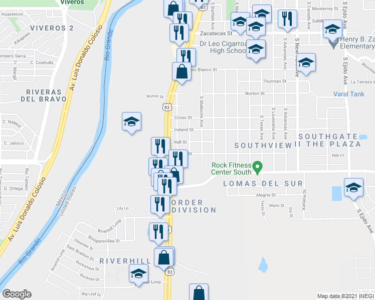 map of restaurants, bars, coffee shops, grocery stores, and more near 1920 Frees Street in Laredo