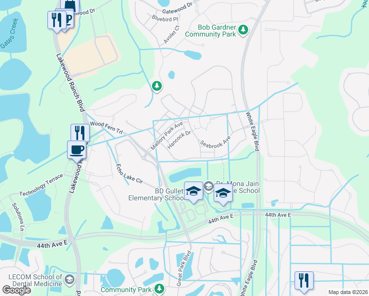 map of restaurants, bars, coffee shops, grocery stores, and more near 11824 Hancock Drive in Bradenton