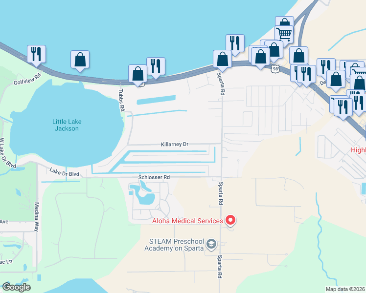 map of restaurants, bars, coffee shops, grocery stores, and more near 1400-1420 Killarney Drive in Sebring