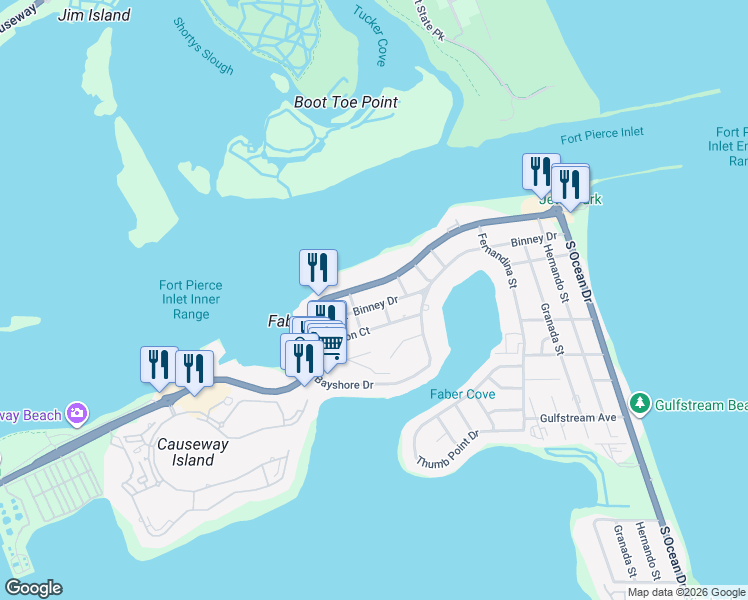 map of restaurants, bars, coffee shops, grocery stores, and more near 1301 Seaway Drive in Fort Pierce