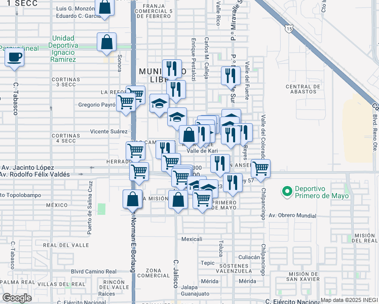 map of restaurants, bars, coffee shops, grocery stores, and more near 1332 Valle de Kari in Ciudad Obregón