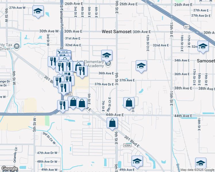 map of restaurants, bars, coffee shops, grocery stores, and more near 803 37th Avenue Drive East in Bradenton