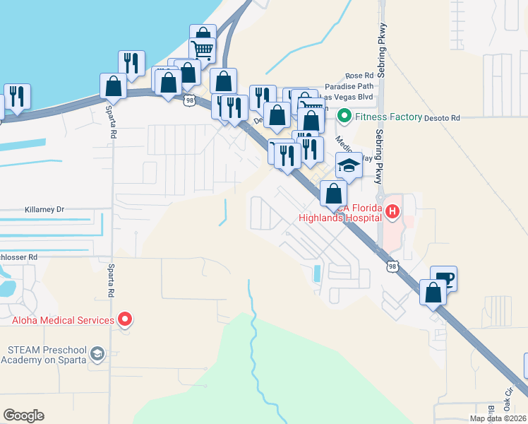 map of restaurants, bars, coffee shops, grocery stores, and more near 401-3117 Springtime Drive in Sebring