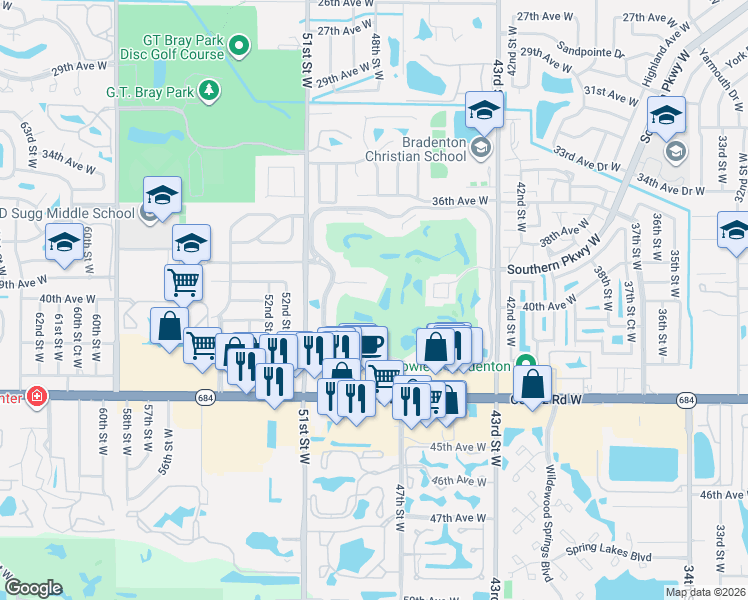 map of restaurants, bars, coffee shops, grocery stores, and more near 3860 Ironwood Lane in Bradenton