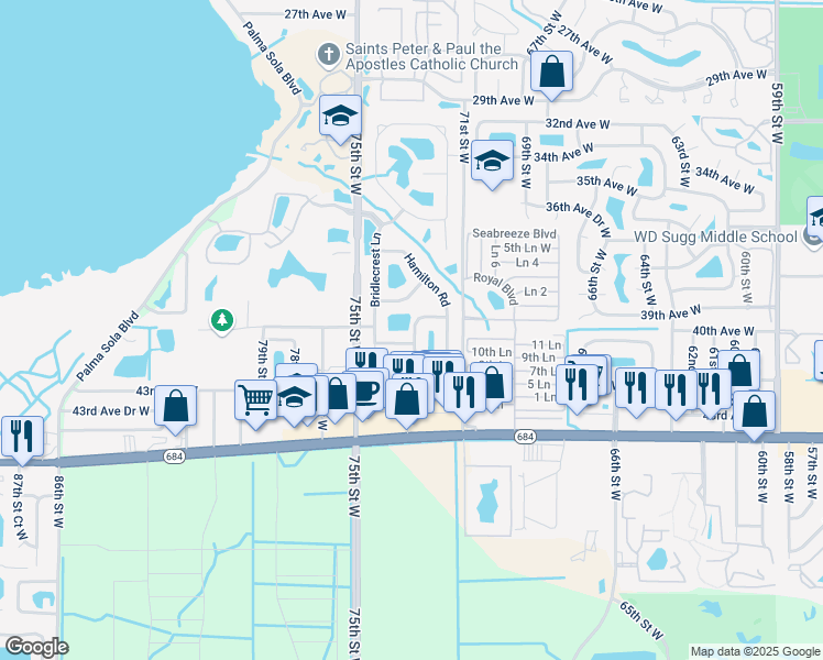 map of restaurants, bars, coffee shops, grocery stores, and more near 7328 Skybird Road in Bradenton