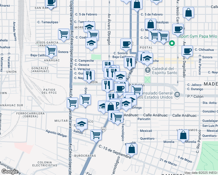 map of restaurants, bars, coffee shops, grocery stores, and more near CT Paseo Colón in Nuevo Laredo