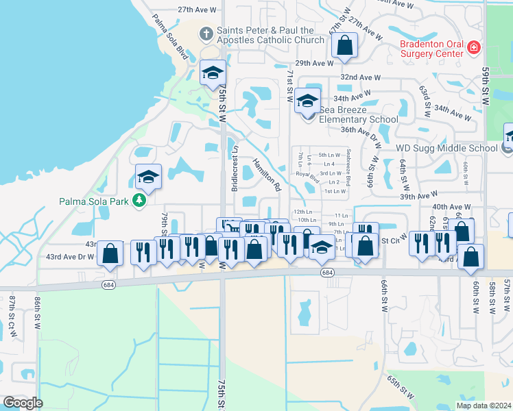 map of restaurants, bars, coffee shops, grocery stores, and more near 7328 Skybird Road in Bradenton