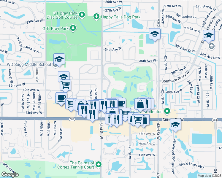 map of restaurants, bars, coffee shops, grocery stores, and more near 4040 Ironwood Circle in Bradenton