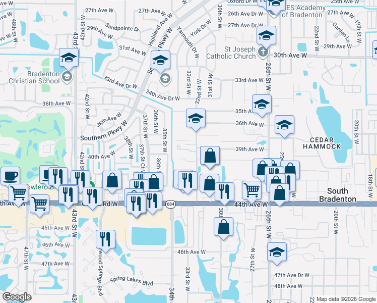 map of restaurants, bars, coffee shops, grocery stores, and more near 3303 39th Place West in Bradenton