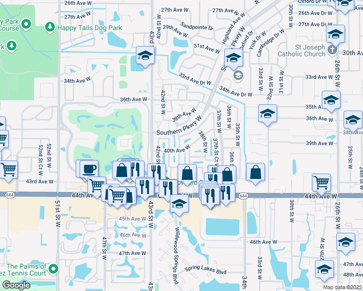 map of restaurants, bars, coffee shops, grocery stores, and more near 3912 40th Street West in Bradenton