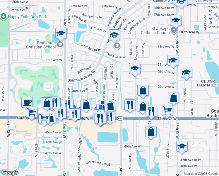 map of restaurants, bars, coffee shops, grocery stores, and more near 3612 40th Avenue West in Bradenton