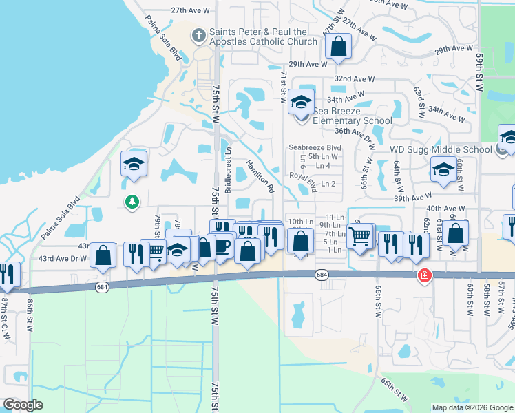 map of restaurants, bars, coffee shops, grocery stores, and more near 7328 Skybird Road in Bradenton