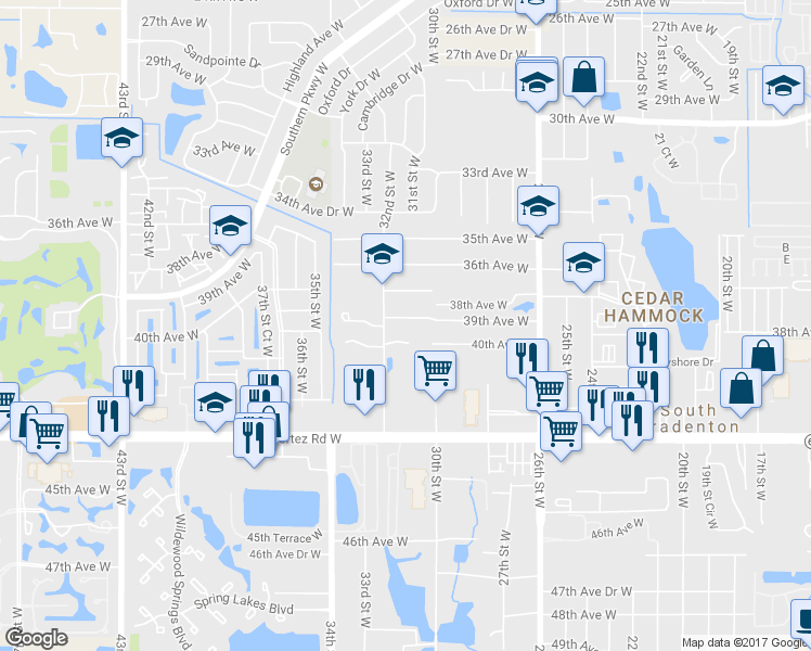 map of restaurants, bars, coffee shops, grocery stores, and more near 3107 39th Avenue West in Bradenton
