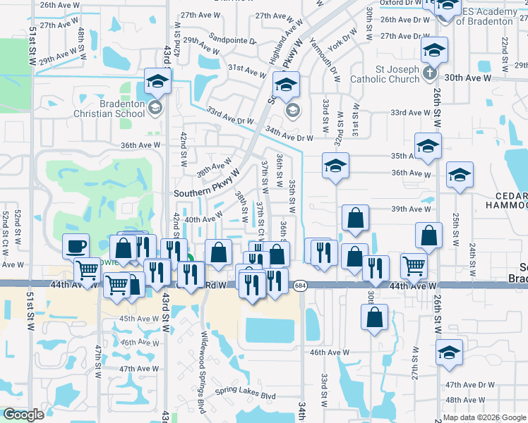 map of restaurants, bars, coffee shops, grocery stores, and more near 3612 40th Avenue West in Bradenton