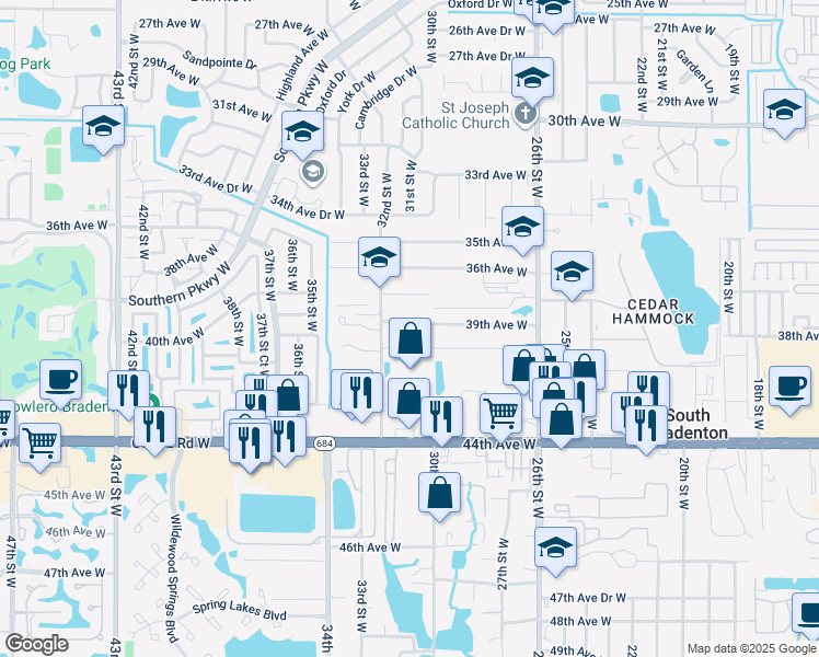map of restaurants, bars, coffee shops, grocery stores, and more near 3107 39th Avenue West in Bradenton
