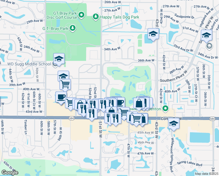 map of restaurants, bars, coffee shops, grocery stores, and more near 4040 Ironwood Circle in Bradenton