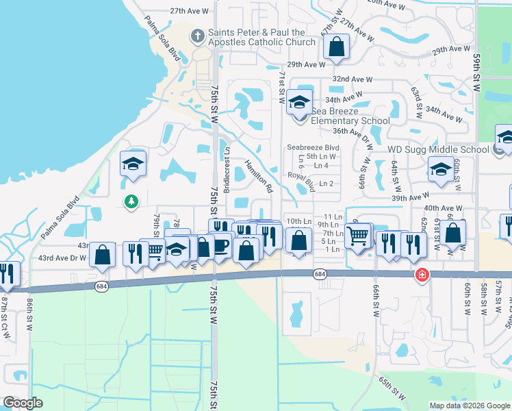 map of restaurants, bars, coffee shops, grocery stores, and more near 7328 Skybird Road in Bradenton