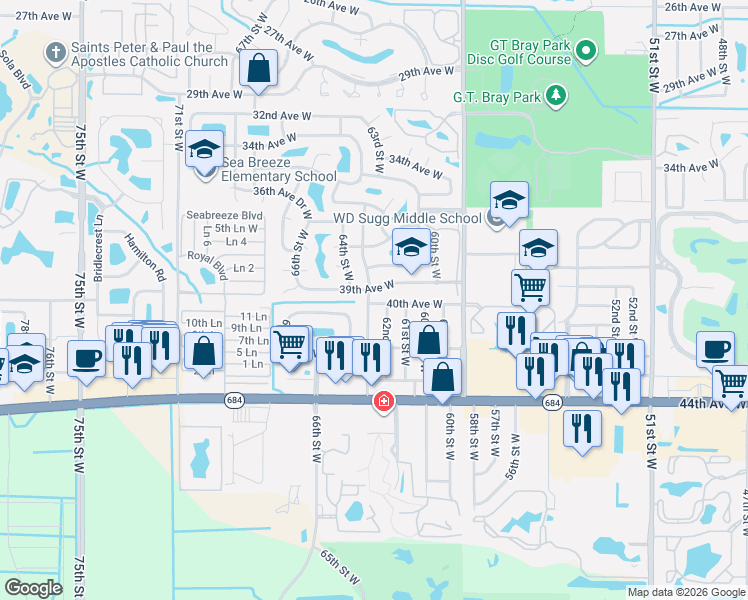 map of restaurants, bars, coffee shops, grocery stores, and more near 3905 63rd Street West in Bradenton