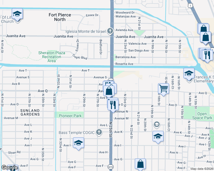 map of restaurants, bars, coffee shops, grocery stores, and more near 2507 Avenue R in Fort Pierce