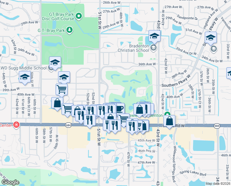 map of restaurants, bars, coffee shops, grocery stores, and more near 3860 Ironwood Lane in Bradenton