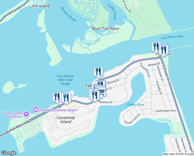 map of restaurants, bars, coffee shops, grocery stores, and more near 1136 Seaway Drive in Fort Pierce