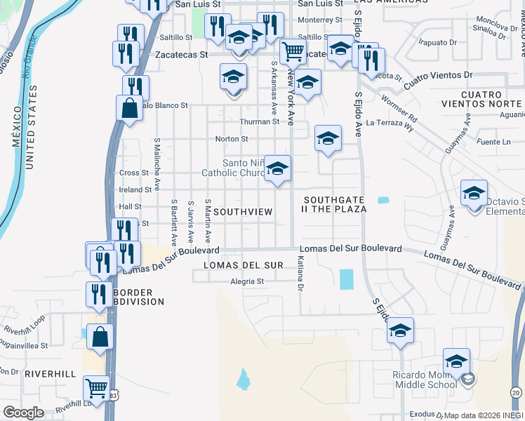 map of restaurants, bars, coffee shops, grocery stores, and more near 3403 South Louisiana Avenue in Laredo