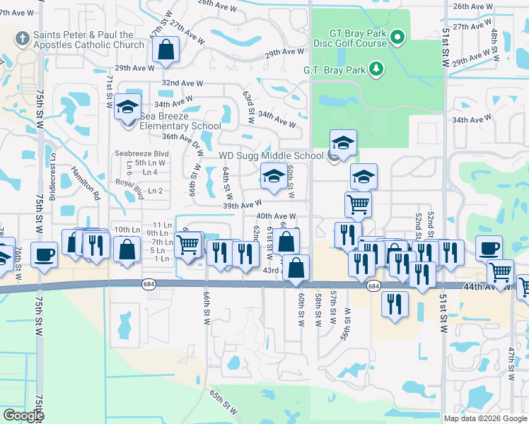 map of restaurants, bars, coffee shops, grocery stores, and more near 6120 40th Avenue West in Bradenton
