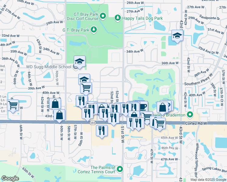 map of restaurants, bars, coffee shops, grocery stores, and more near 3904 52nd Street Court West in Bradenton