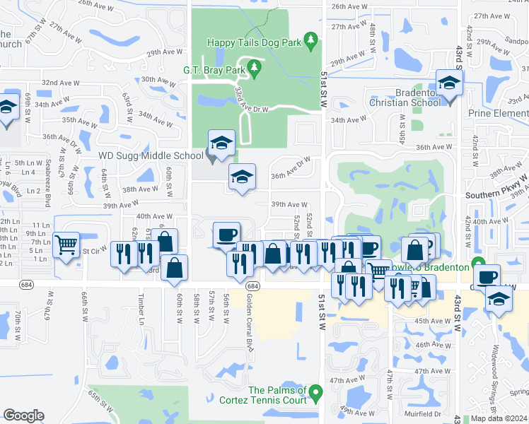 map of restaurants, bars, coffee shops, grocery stores, and more near 3908 Cape Vista Drive in Bradenton