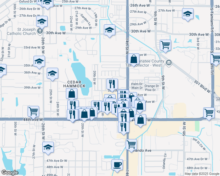 map of restaurants, bars, coffee shops, grocery stores, and more near 3711 16th Street West in Bradenton