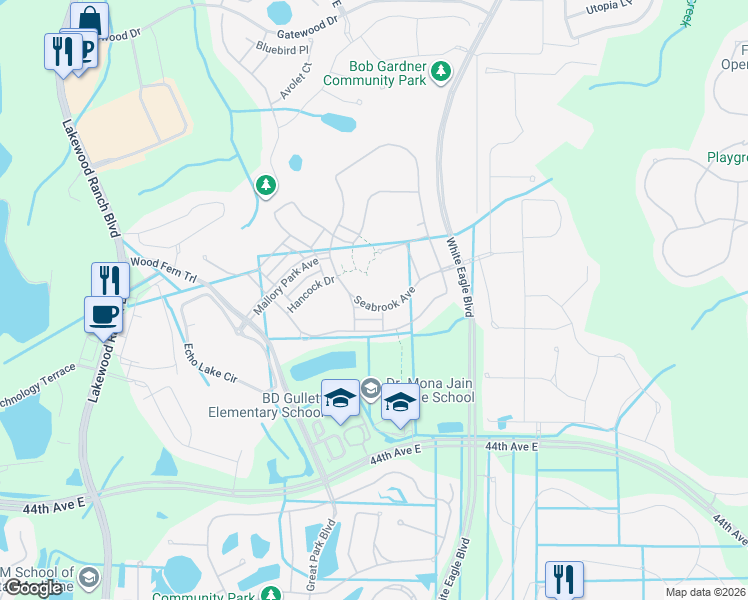 map of restaurants, bars, coffee shops, grocery stores, and more near 12135 Seabrook Avenue in Bradenton