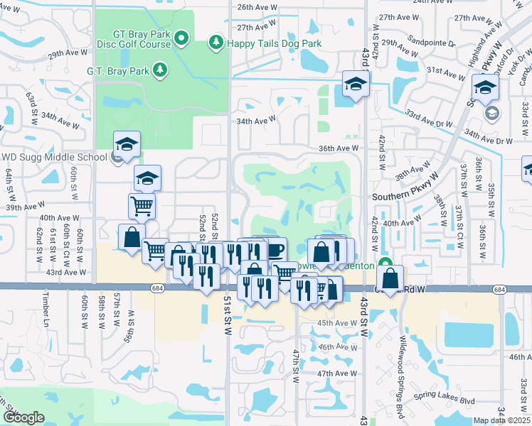 map of restaurants, bars, coffee shops, grocery stores, and more near 3860 Ironwood Lane in Bradenton