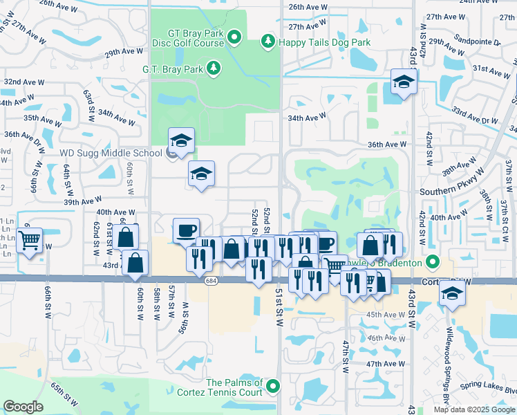 map of restaurants, bars, coffee shops, grocery stores, and more near 3904 52nd Street Court West in Bradenton