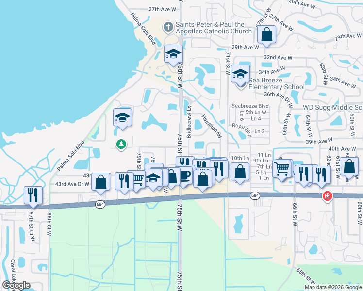 map of restaurants, bars, coffee shops, grocery stores, and more near 3924 Bridlecrest Lane in Bradenton
