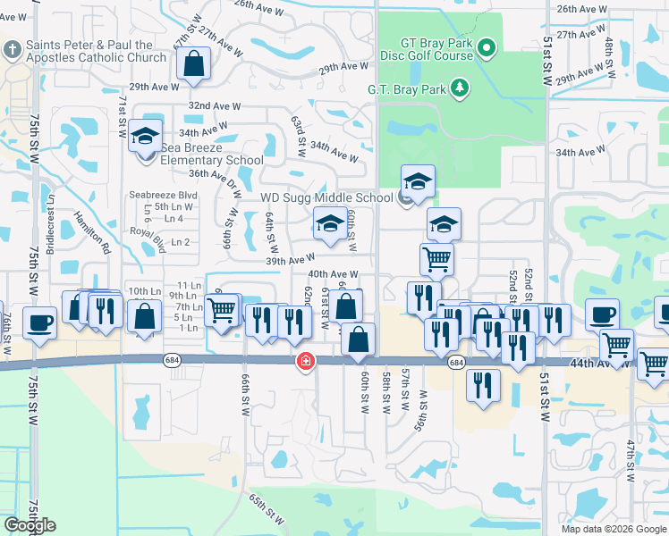 map of restaurants, bars, coffee shops, grocery stores, and more near 6112 40th Avenue West in Bradenton