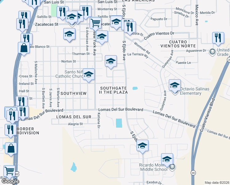 map of restaurants, bars, coffee shops, grocery stores, and more near 3104 Amazon Court in Laredo