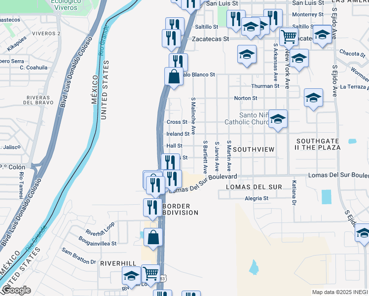 map of restaurants, bars, coffee shops, grocery stores, and more near 3401 South Urbahn Avenue in Laredo