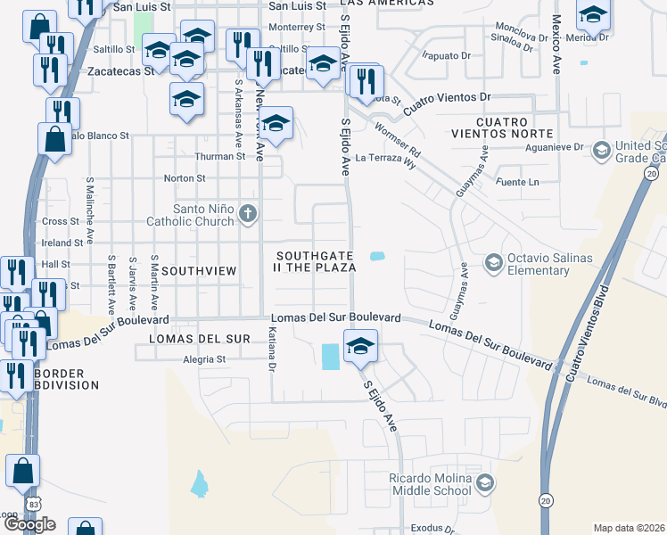 map of restaurants, bars, coffee shops, grocery stores, and more near 3104 Amazon Court in Laredo